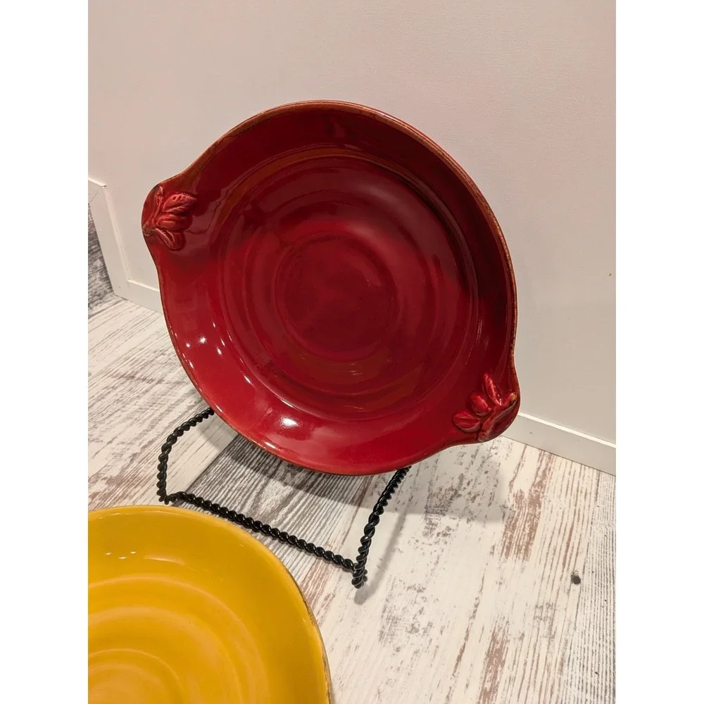 Sur La Table Italy Ceramic Serving Bowls Set of 2 Red Mustard Leaf Handles 9.5